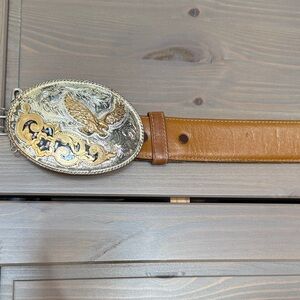 VINTAGE Western Eagle inlayed metal belt buckle with 100% leather belt 38